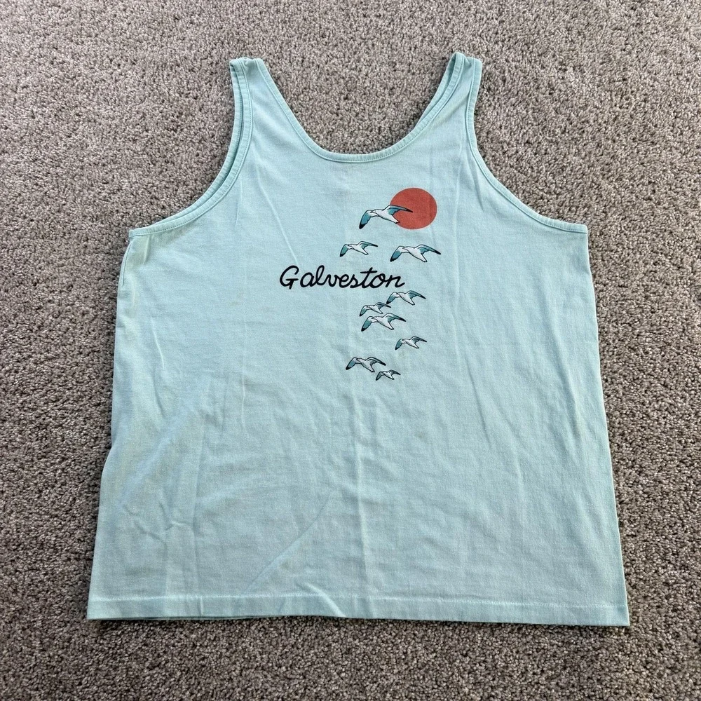 Vintage 80s Galveston Tank Top Mens XL Green Seagull Sun Graphic Textile Prints